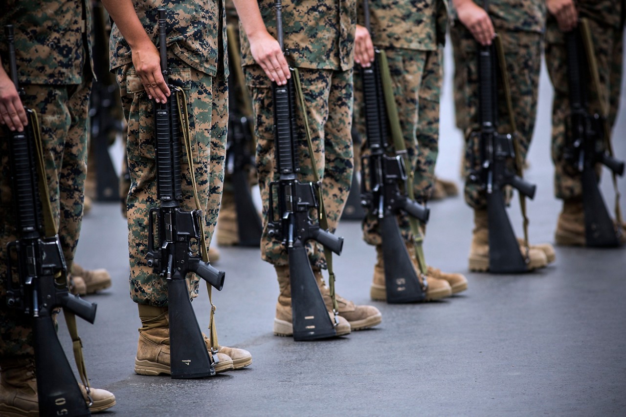Marines standing in formation during drill.