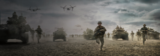 A combat scene with Marines in Ospreys, tanks and on foot running toward conflict.